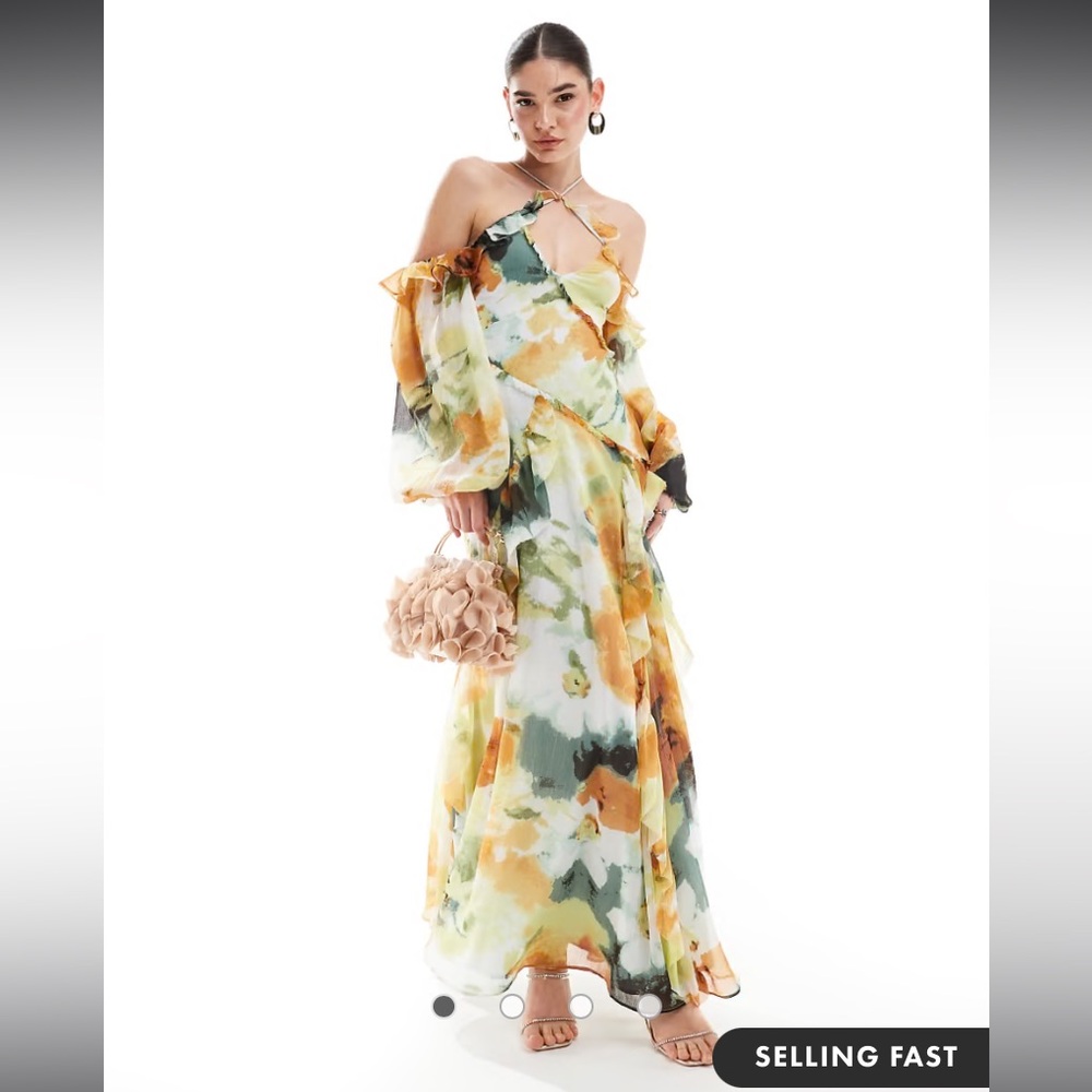 ASOS cross neck cold shoulder maxi dress with ruffles in abstract floral print